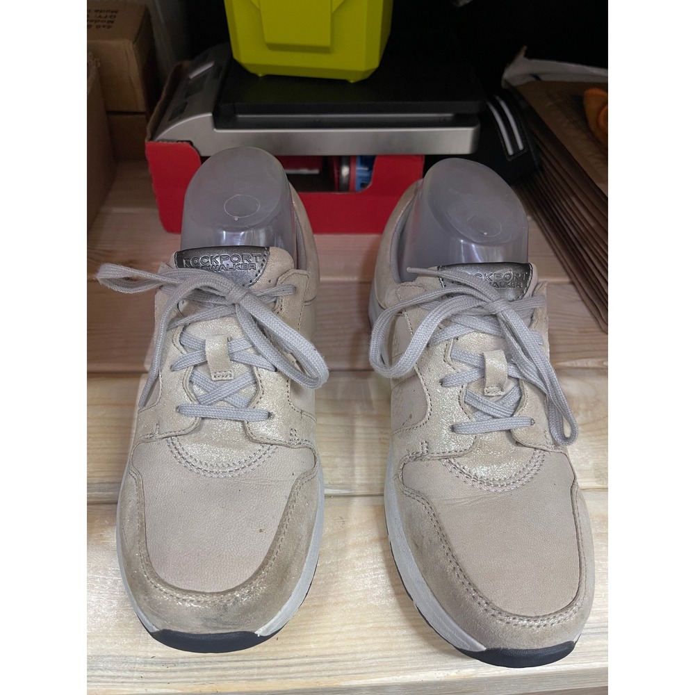 Rockport Prowalker Womens 8.5 Beige Leather Metallic Walking Sneakers BX2092